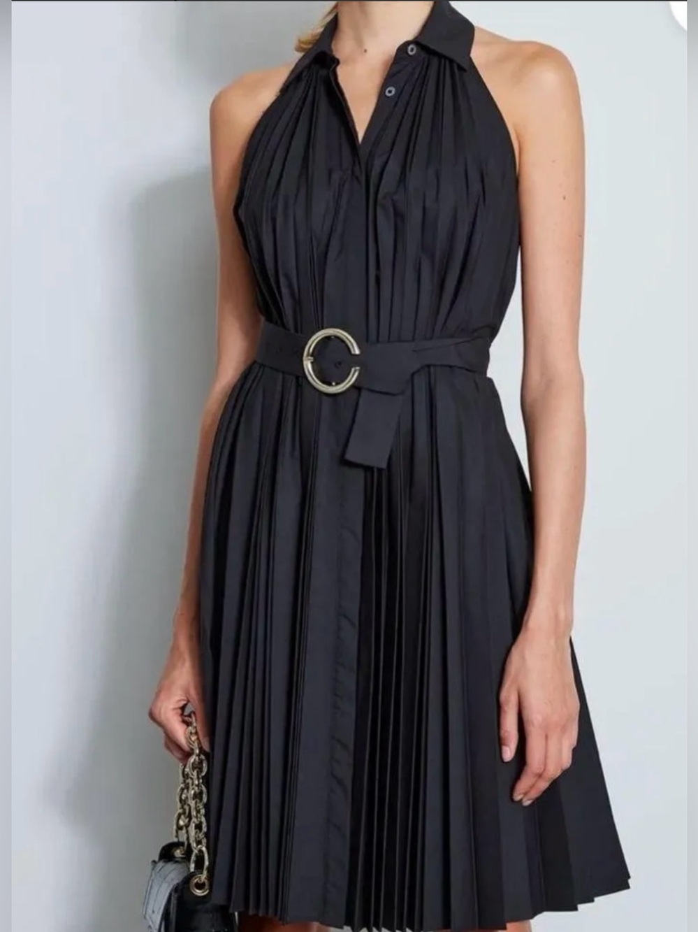 Elie Tahari
Pleated Fit & Flare
Belted Halter Midi-
Dress